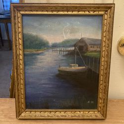 Antique Harbor Oil Painting 