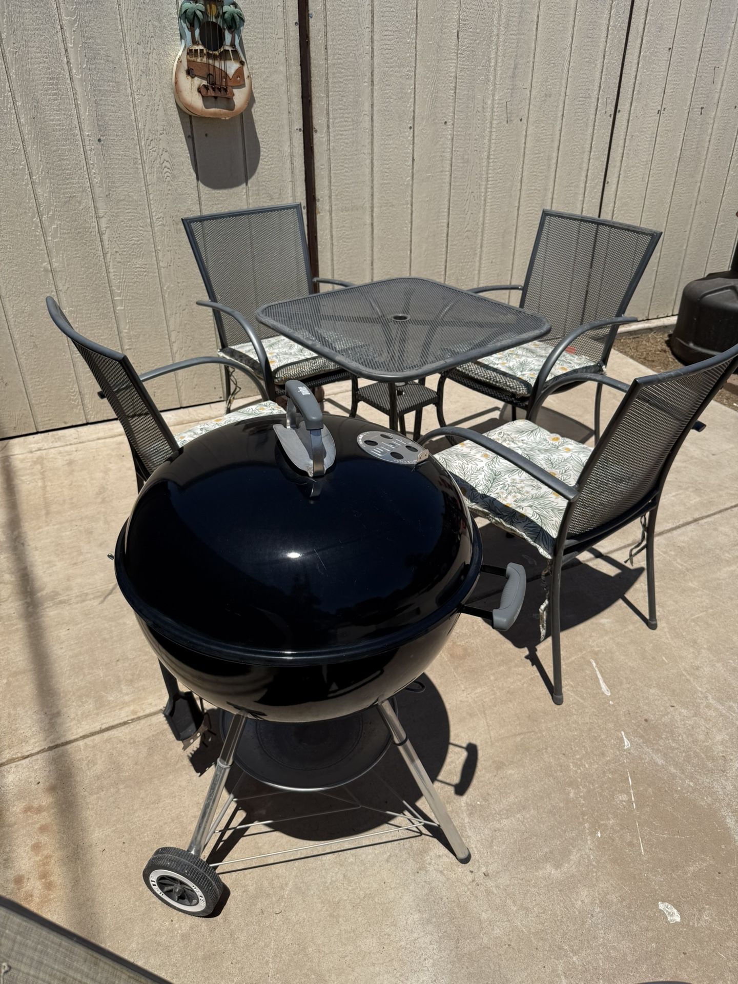 Metal Patio Table with 4 Chairs 1 Side Table and Weber Grill