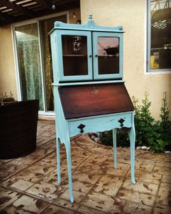 Shabby chic secretary desk with glass book shelves painted in duck egg bluez