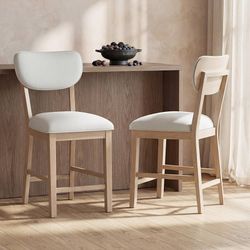 Solid Wood Counter Height Bar Stools Set of 2 for Kitchen Island, 3.5" Thick Beige Upholstered Farmhouse Barstools with High Backrest and Nailhead Tri
