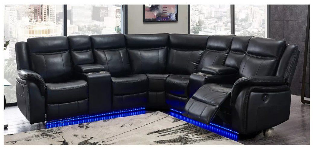 Black Leather Power Reclining Sectional