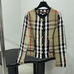 Burberry Style Plaid Fringe Jacket 