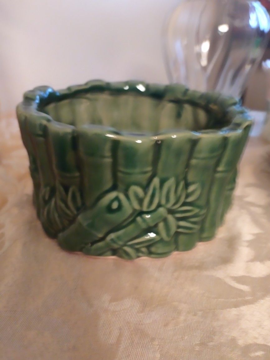 ROUND GREEN CERAMIC LUCKY BAMBOO FLOWER PLANTERS POT