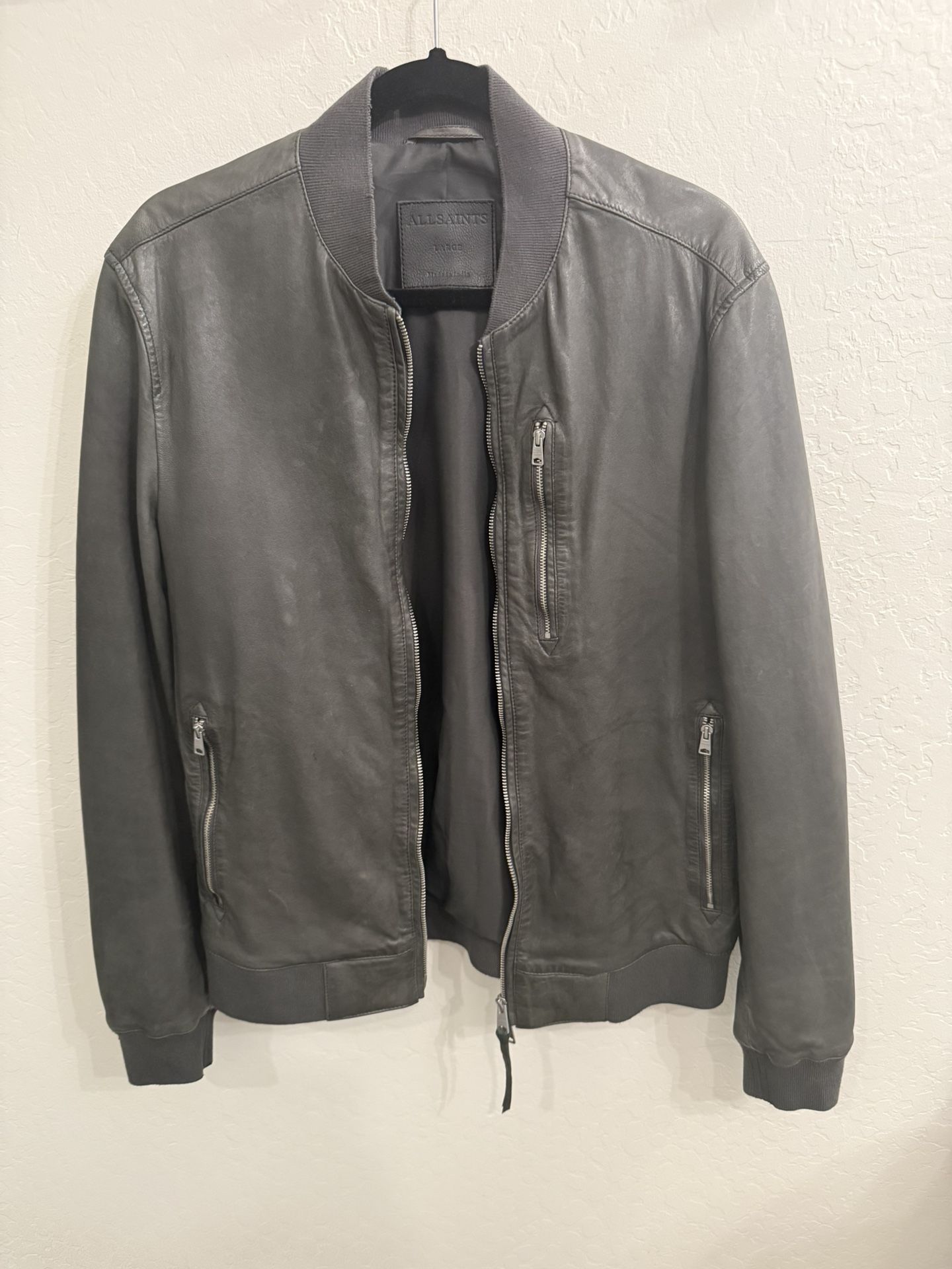 ALL SAINTS Gray Leather Bomber Jacket