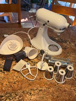 KitchenAid Classic 4.5 Qt Stand Mixer (K45SS, White) + Bowl, Box, Pasta Roller, Slicer/Shredder & Juicer