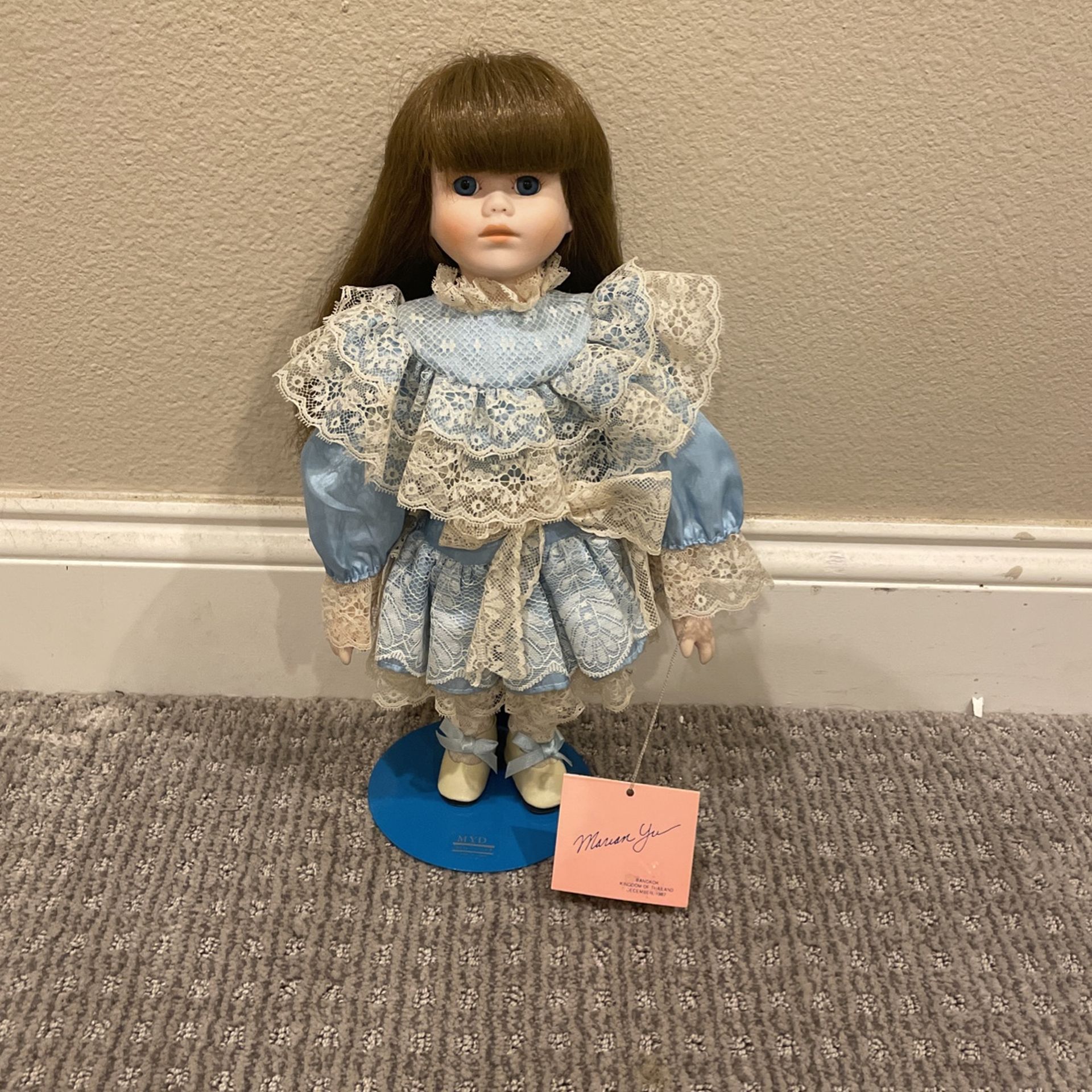 Marian Yu 14" Doll in Blue Dress with Cream Colored Lace - 1988