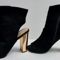 Sexy Black Suede Booties- Designed with Gold Block Heels Size 7.5 US
