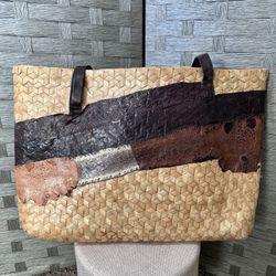 Woven Tote Bag with Genuine Snake and Leather Accents