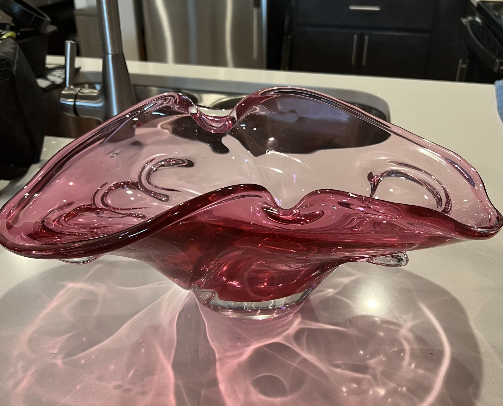 Vintage Large Hand Blown Murano Art Glass Bowl Cranberry Pink Dish