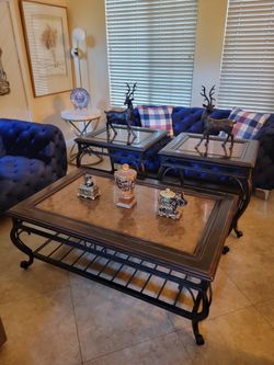 Beautiful Coffee Table & 2 End Tables, with Wrought Iron Table Base & Legs, in good condition!