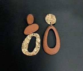 Asymmetrical Wood and Gold Drop Earrings