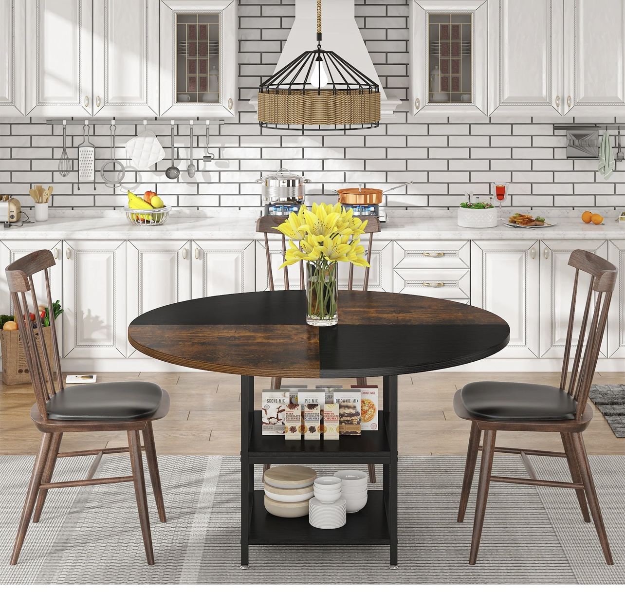 HL034 Round Dining Table, 47" Kitchen Dinner Table with Storage Shelf No Chairs Included 