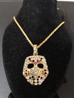 Men’s or women’s gold filled Jason mask rhinestone pendant necklace 26 inch length