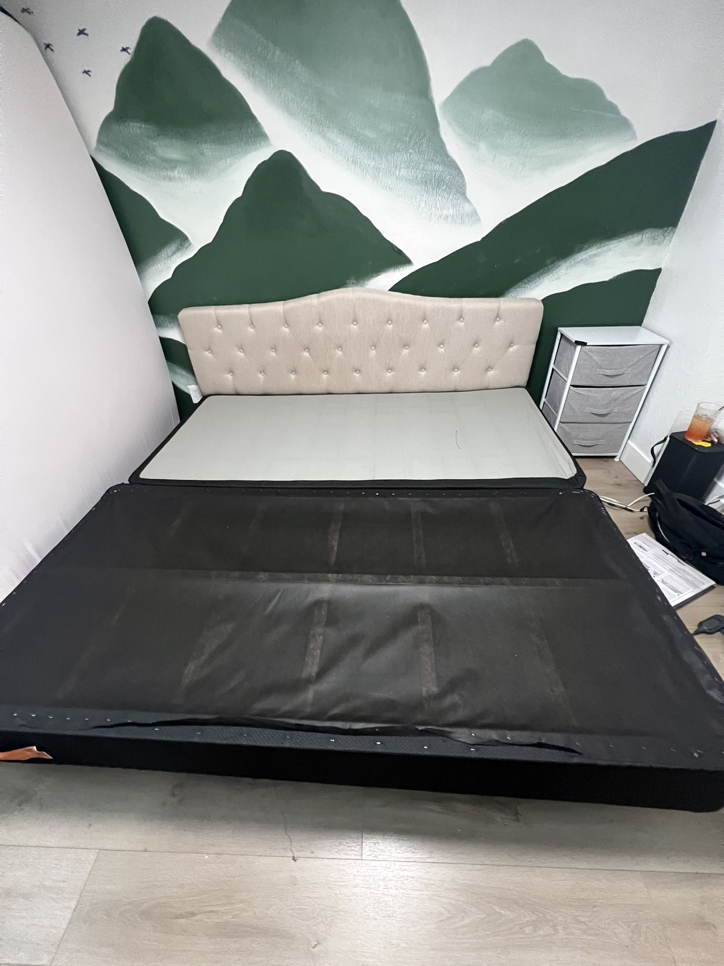 Twin xl box springs, California king headboard and metallic bed frame