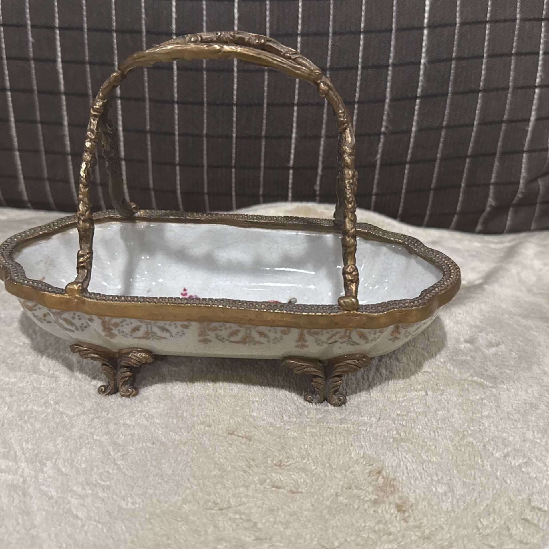 Antique | Porcelain Dish Basket With Brass Accents Footed Sturdy Some Crazing