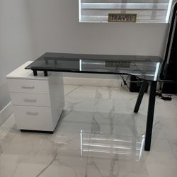 Modern L-Shaped Glass Desk with 3-Drawer Cabinet