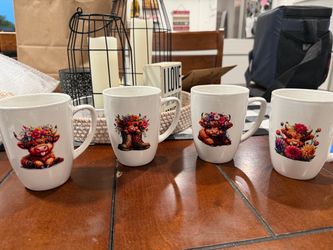 Highland Cow Floral Ceramic Mugs Set of 4
