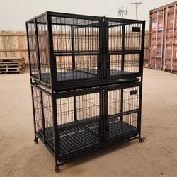 43” Large Double Door Dog Crate - 2 Tier Stackable & Foldable Dog Cage