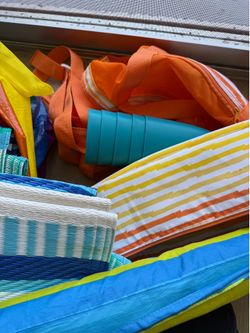 Beach items - umbrella, Mat, glasses, cooler, beach bag, mat, hats and blanket