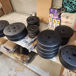205 lbs of vinyl weights weight plates with dumbbells and straight bar