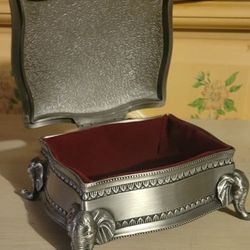 Vintage Brushed Pewter Jewelry Box/velvet lined box/elephants - Holmdel NJ 