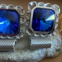 Vintage Azurite Blue Rhinestone Wraparound Mesh Watchband Cufflinks 
