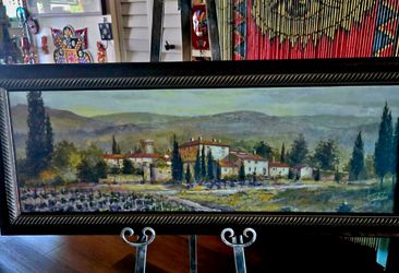 impressionist-style landscape painting, titled "Uzzano" (or sometimes "Bagni di Lucca"), is a work by artist Joe Sambataro. 40.5"×16.5" Framed