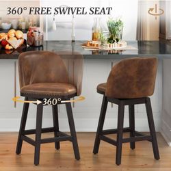 🔥Big sale🔥Swivel Bar Stools, 26" Faux Leather Upholstered Counter Height Bar Stools with Back, Solid Wood Legs with footrest, Retro Nailhead Trim Ba