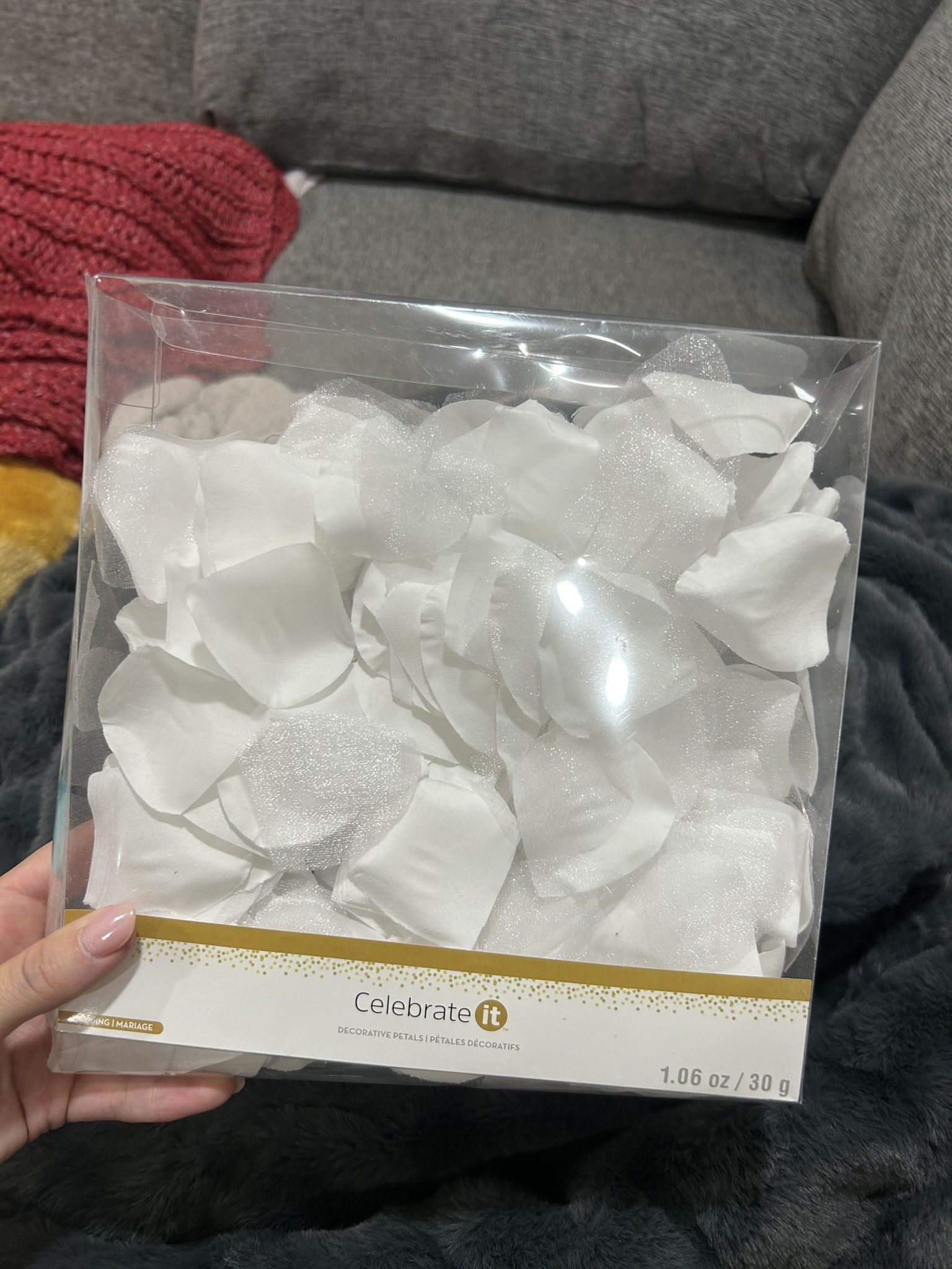 box of white flower petals for wedding