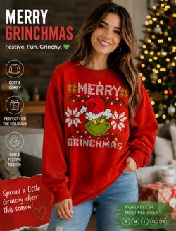 The Grinch Merry Grinchmas with Snowflakes Red Lounge Sweatshirt Adult Size S, Med, Large, XL and 2XL