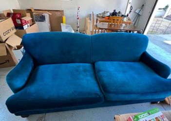 Teal Blue Velvet Camelback Feather Filled Sofa