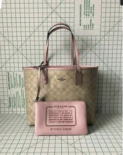 Coach F36658 Reversible City Tote Signature Coated Canvas In Khaki Carnation