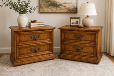 Solid Oak Vintage Nightstands – Matching Pair | 2-Drawer Bedroom Side Tables