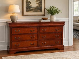 Delivery Available! Cherry Wooden 9 Drawer Bedroom Storage Dresser Chest! Good condition! Drawers slide great! Some wear on bottom sides. 64x18x35in