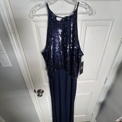 Size Large(10-14)Navy Sequined Overlayed Top Evening Dress