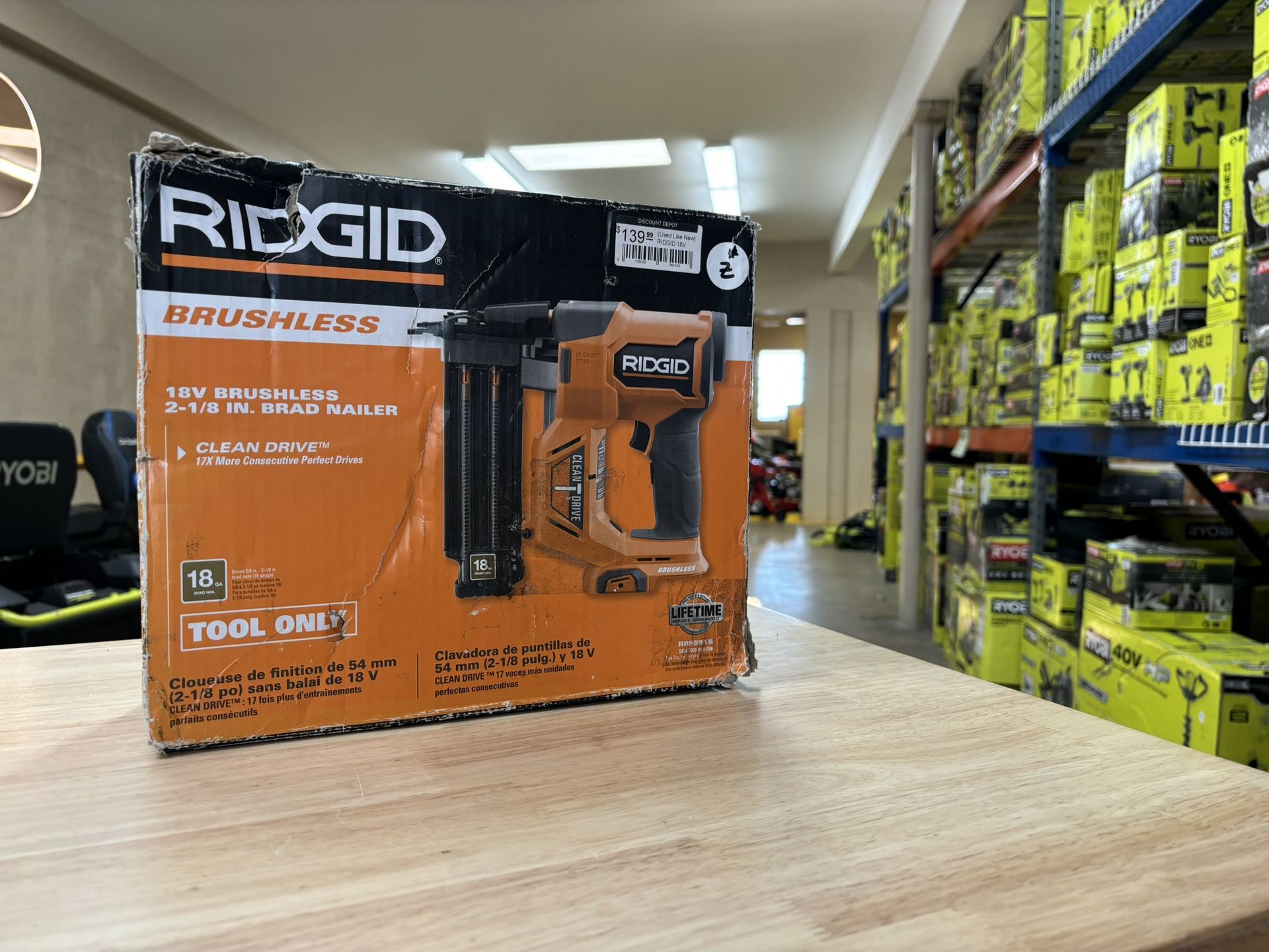 (ULN) Ridgid 18V Brushless Cordless 18-Gauge 2-1/8 In. Brad Nailer (tool-only) W/ CLEAN DRIVE Technology 