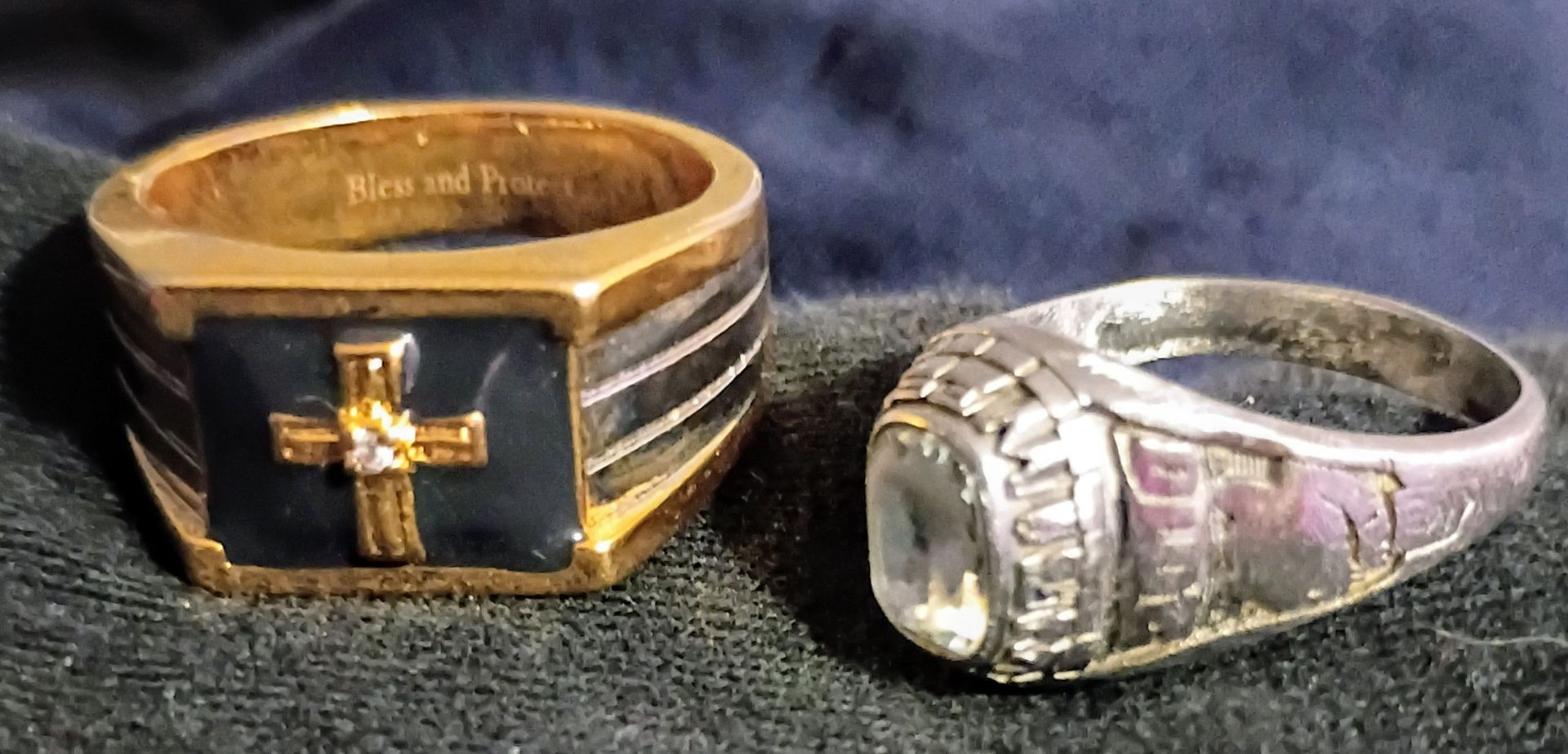 2 Rings / - " The Power of Faith " Mens Diamond Signet Cross Ring & A Josten 2010 Sterling Silver Graduation Ring.