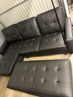 Black Faux Leather Sectional Sofa with Ottoman