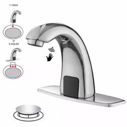 BWE Automatic Sensor Touchless Bathroom Sink Faucet With Deck Plate & Pop Up Drain In Polished Chrome