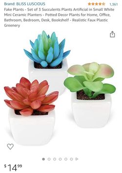 Fake Plants - Set of 3 Succulents Plants Artificial in Small White Mini Ceramic Planters - Potted Decor Plants for Home, Office, Bathroom, Bedroom, De