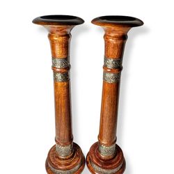 Two Large Pedestal Pillar Candle Holders Wood Hammered Metal See All Pictures 