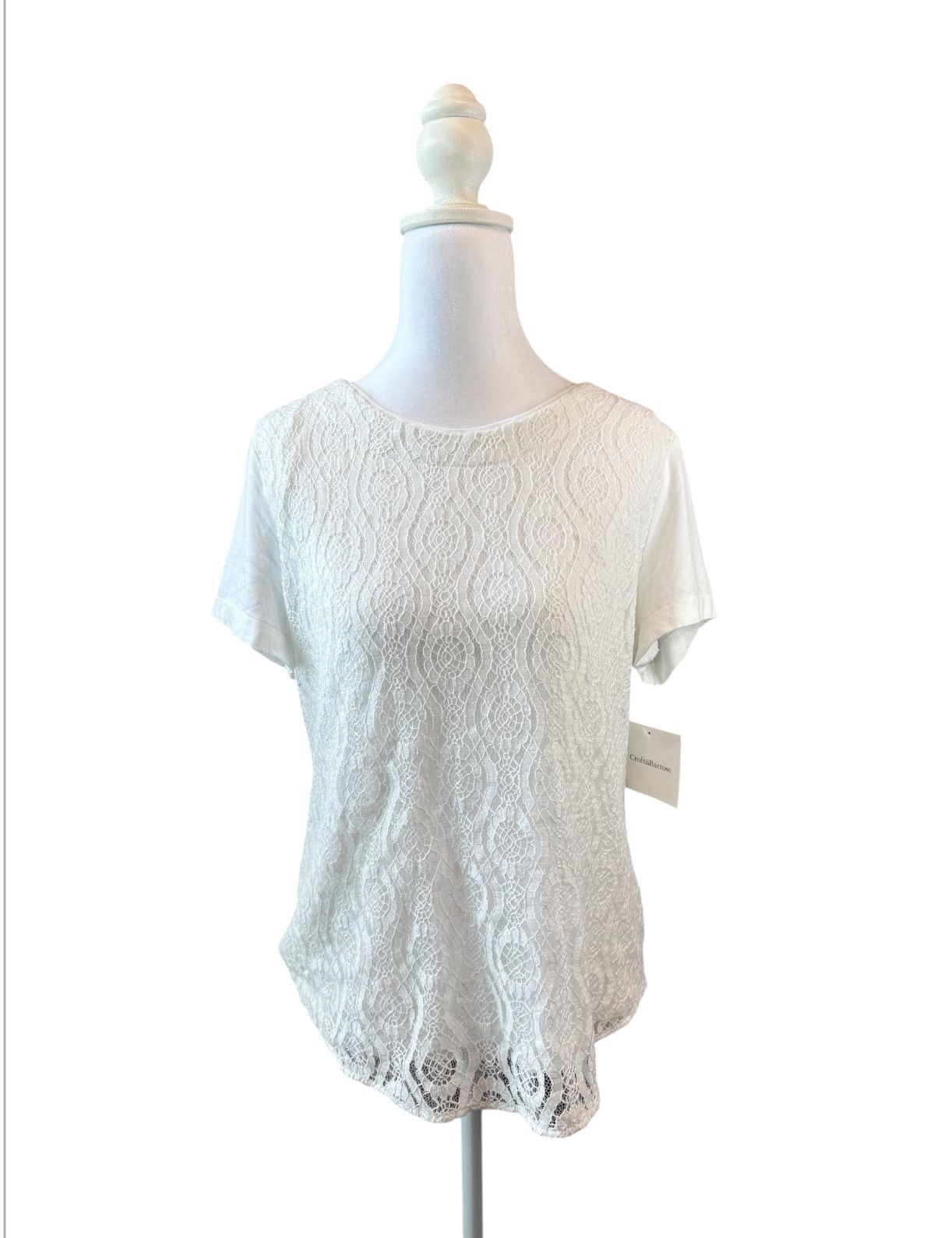 Womens Croft & Barrow White Lace Blouse Shirt Top Short Sleeve XL Extra Large