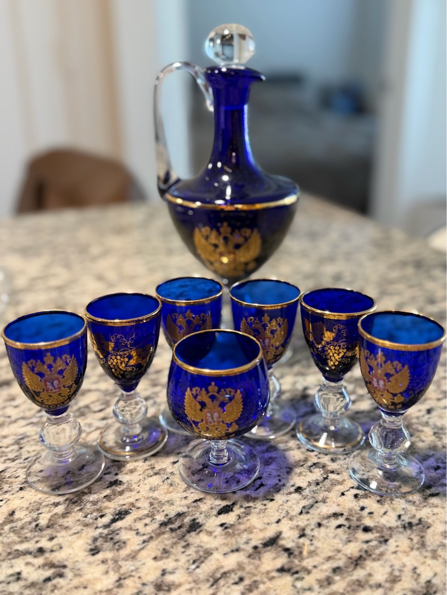 Cobalt Blue Decanter & 6 Cordial Glasses w Russian Emblem by Goose Glass