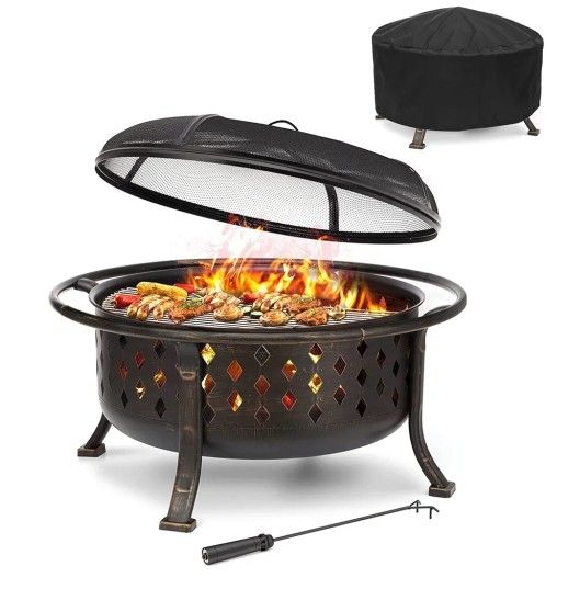 SINGLYFIRE 36 Inch Fire Pits for Outside with Cover Large Outdoor Wood Burning Firepit with BBQ Grill Grate Log Grate Poker Heavy Duty Steel Bronze