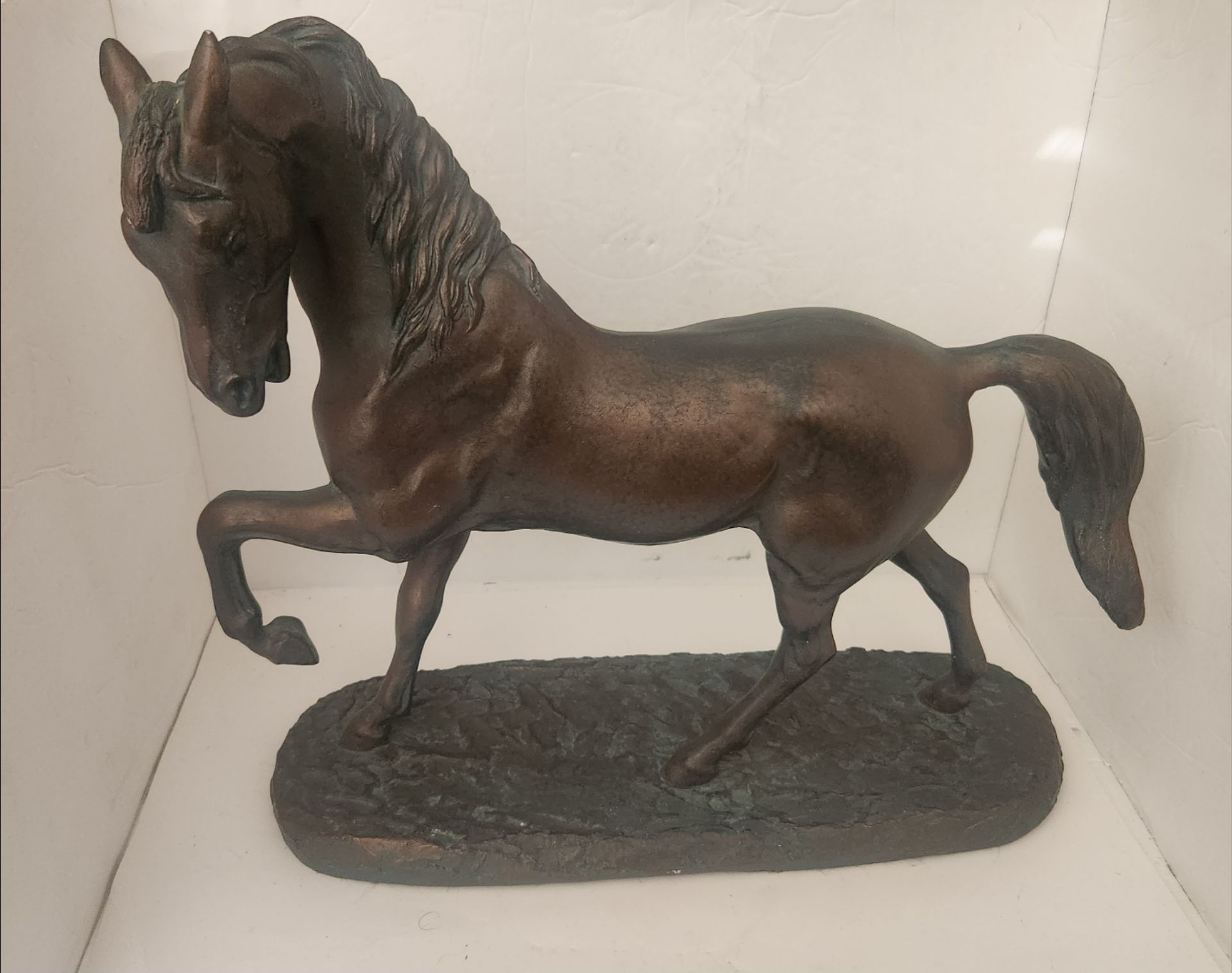 1975 Horse statue sculpture Bronze over Plaster by Austin Production, 17" W, 15.5" H, Nice Condition