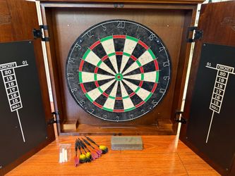 Solid Wood Dartboard Cabinet Set w/ Sisal Board, Darts & Chalkboards