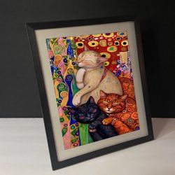 Framed Klimt-Inspired Cat Art Print – Three Sleeping Cats
