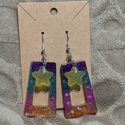 Rectangle And Stars Dangle Earrings