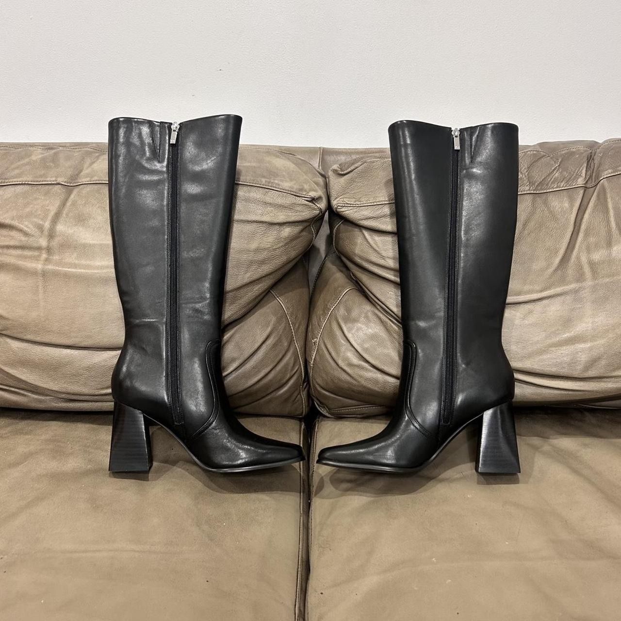 Black Marc Fisher Leather High Heel Boots Square Toe Side Zip  Womens Size 7.5