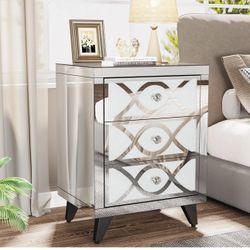 NY153 Mirrored Nightstand with 3 Drawers, Modern Bedside Table for Bedroom